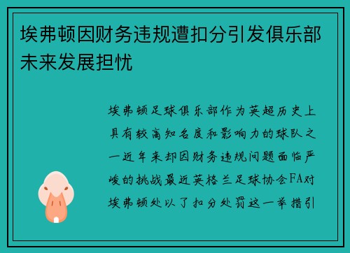 埃弗顿因财务违规遭扣分引发俱乐部未来发展担忧