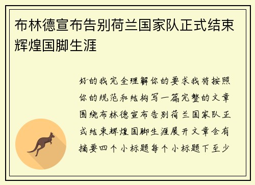 布林德宣布告别荷兰国家队正式结束辉煌国脚生涯